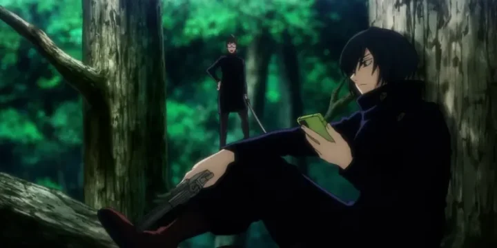 Mai Zenin Resting In A Tree With Her Gun With Maki Zenin Standing In Another Tree Looking On In Jujutsu Kaisen