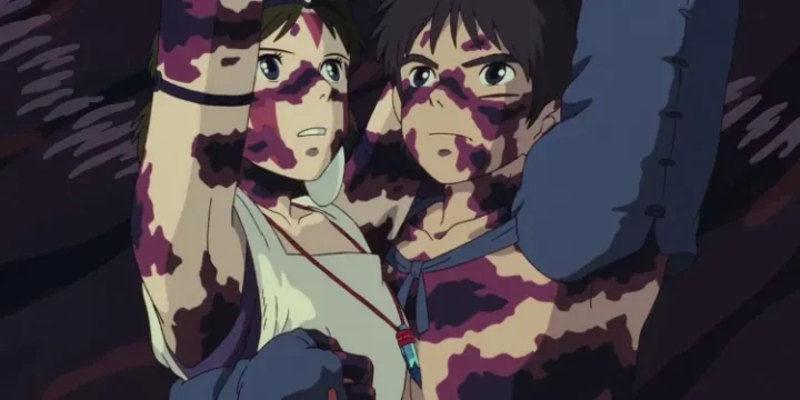 San And Ashitaka Covered In Curse Marks Hold Up The Forest Spirit S Head In Princess Mononoke 1