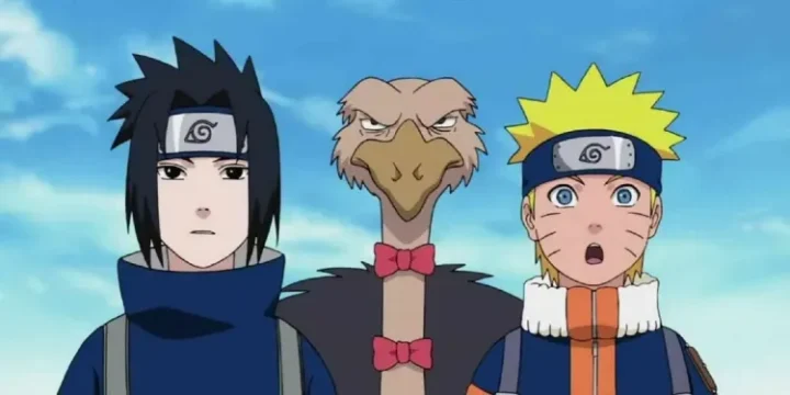 Naruto And Sasuke Standing By An Ostrich Cropped