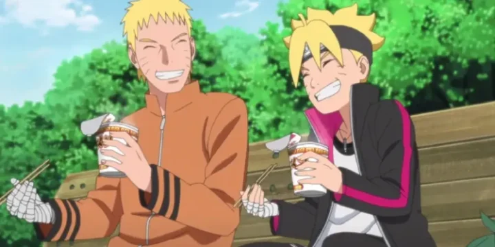 Boruto And Naruto Eating Ramen In The Park And Smiling