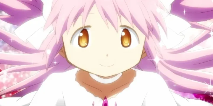 Madoka In Her Goddess Form Smiling While Surrounded By White Light