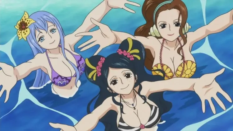 Three Mermaids Lift Their Hands In One Piece