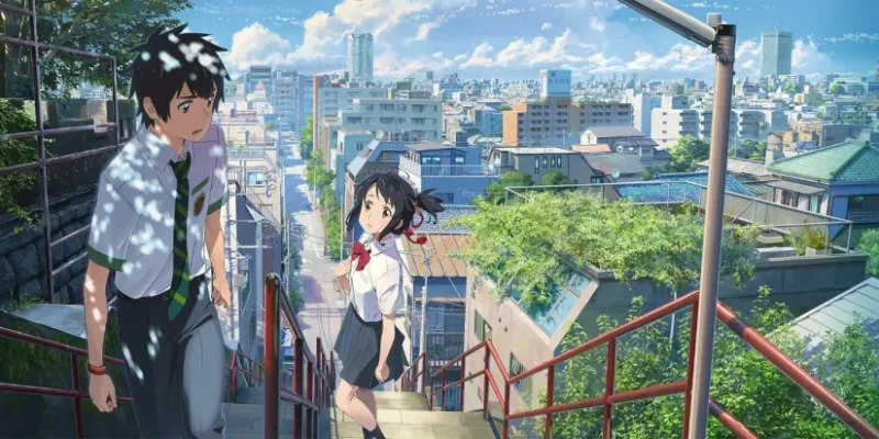 Your Name Mitsuha And Taki Looking At Each Other In The City While Walking Up And Down The Stairs