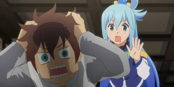 Kazuma Freaking Out With Aqua Behind Him In Konosuba Season 3 Episode 1 W600 Q90