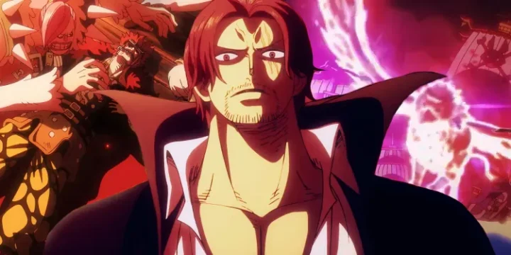 Shanks Looking Intimidating In One Piece With A Defeated Eustass Kid Surrounded By His Crew Mates In The Background To The Left