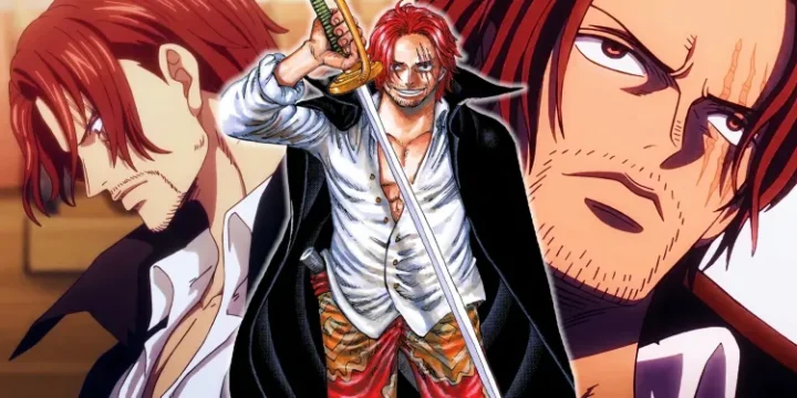 Shanks Smiling Holding His Sword With A Side Profile Of Shanks To The Left And A Close Up Shot Of Shanks Face To The Right