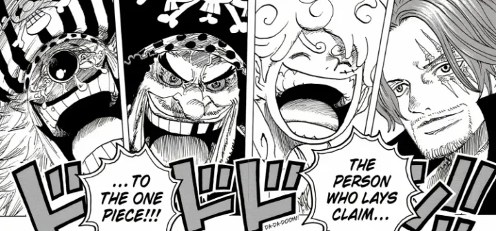 The Four Emperors Luffy Shanks Blackbeard And Buggy As Seen In Chapter 1121 Of One Piece During Vegapunk S Speech