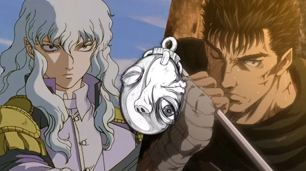 2 Way Split Of Griffith From The 97 Berserk Anime Guts From The 2016 Anime And A Behelit From The Manga Centered W600 Q90